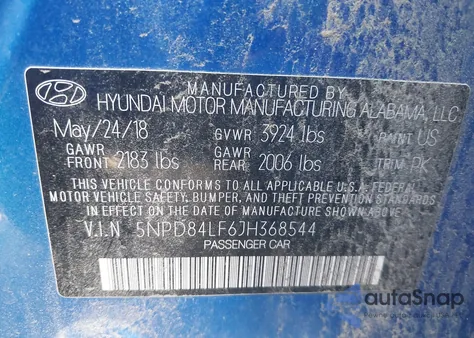 2018 Hyundai Elantra Sel z USA, uszkodzony, nr VIN 5NPD84LF6JH368544